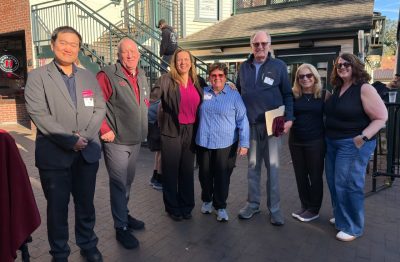 A celebration was held to mark 50 years of geography as an academic department at Virginia Tech. (from left): Assistant professor Junghwan Kim, Department Chair Tom Crawford, College of Natural Resources and Environment Dean Saskia van de Gevel, Associate Professor Lisa Kennedy, Inaugural Department Head Charles Good, Past Rector of the Virginia Tech Board of Visitors Leticis Long, and Patty Mims, M.S. '94.