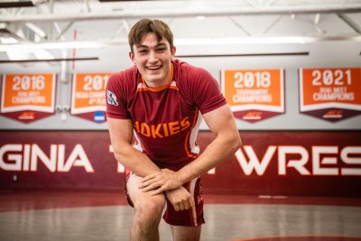 Mikey Harrigan portrait in Hokie wrestling uniform